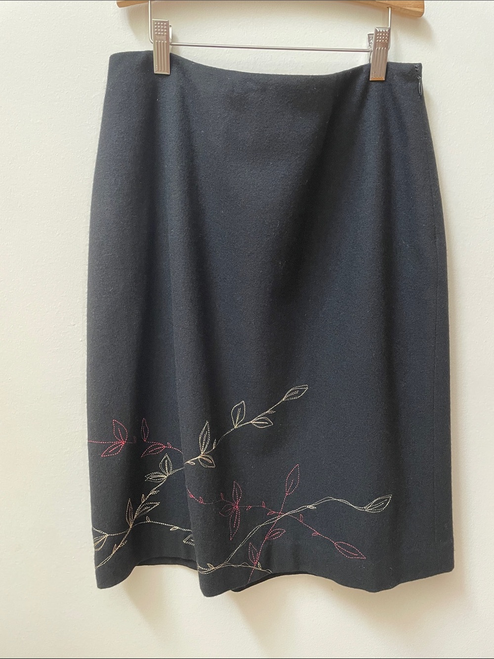 Ann Taylor Loft wool blend Black Midi Skirt with Pink and Cream Embroidered Vine